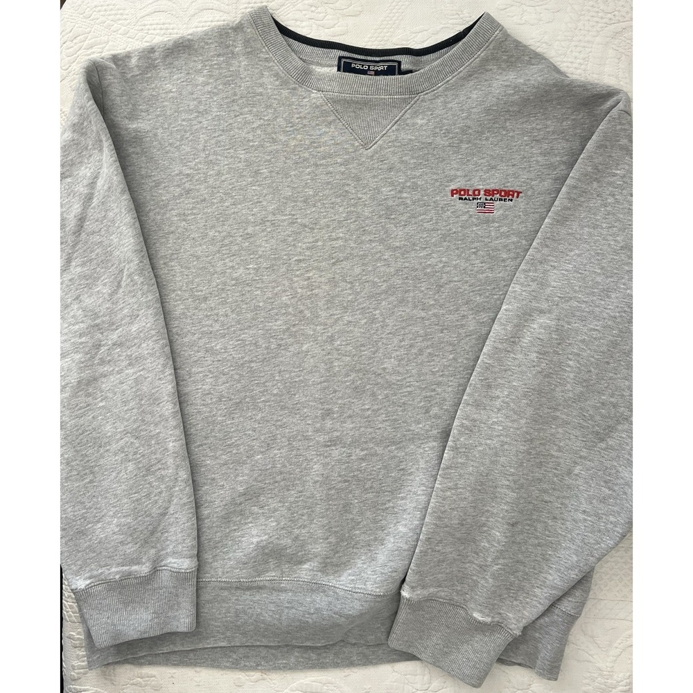 Polo Sport Ralph Lauren Sweatshirt Mens L Gray Fleece Crew Neck USA Flag Logo